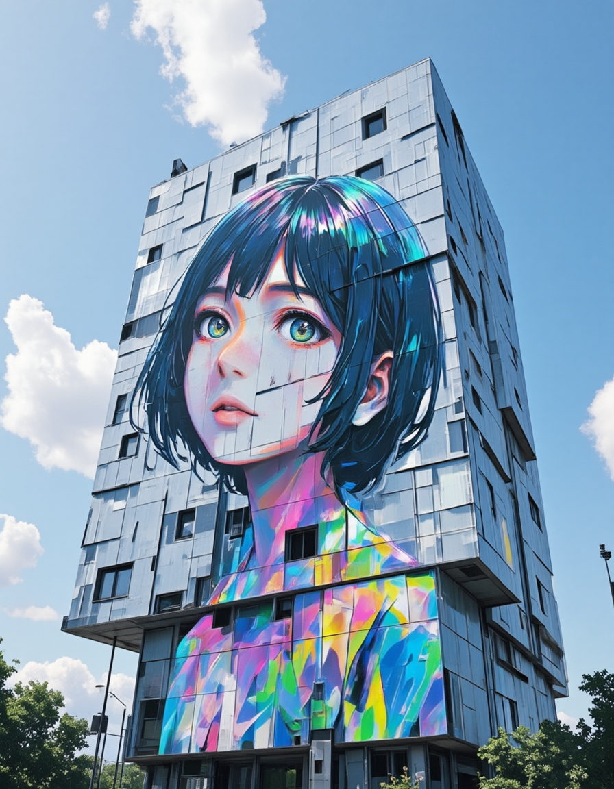 <lora:CWWalls1fluxb:1> wabkg, realistic world, photo. On the surface of a geometric futuristic sci-fi design building with minimalistic style, angular shapes, reflective glass surfaces, diagonal beams, industrial aesthetic, there is a hologram colorful painting of a japanese animation woman. Portrait. No paint on windows. Windows cutout. Day with blue sky and white clouds. From low angle. From side. Vegetation.