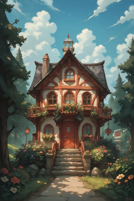scenery, outdoors, tree, sky, cloud, building, flower, house, cloudy sky, <lora:S1_Dramatic_Lighting_v2:0.15> s1_dram, zPDXL3, detailxl,  Score_PnyReal,