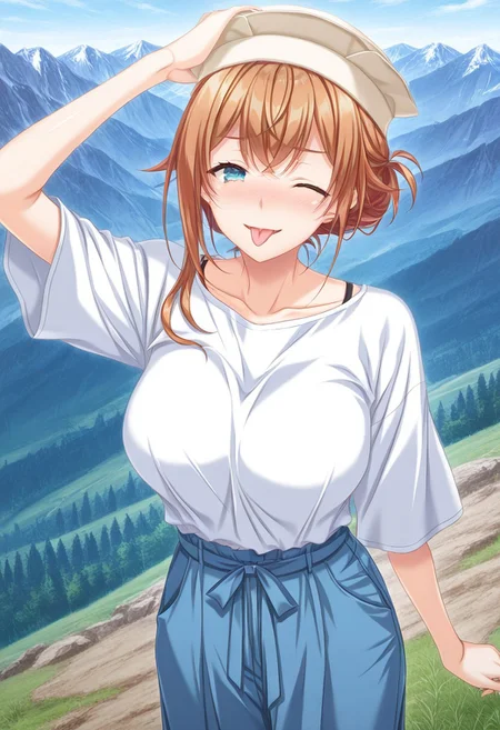 general,highres, ultra-detailed,very aesthetic,best quality ,best hands,masterpiece, best quality, newest, highres, score_9, score_8_up, score_7_up, source_anime, rating_explicit,1girl, yokota mamoru style,motion lines,,Very straight nose,slim,slender face,perfect nose,
hanasaki koharu, blue eyes, orange hair,side hair,slim,big breasts,long hair, chest lenth hair,sidelocks
anime screencap,bazar,wearing Pakol Hat, wearing loose trousers ensemble forms part of traditional costume,one eye closed,one arm over the head, mountain valley, rugged mountains,from above, semi-arid climate area, Afghanistan valley,tongue out,torogao,seductive face,evil smile