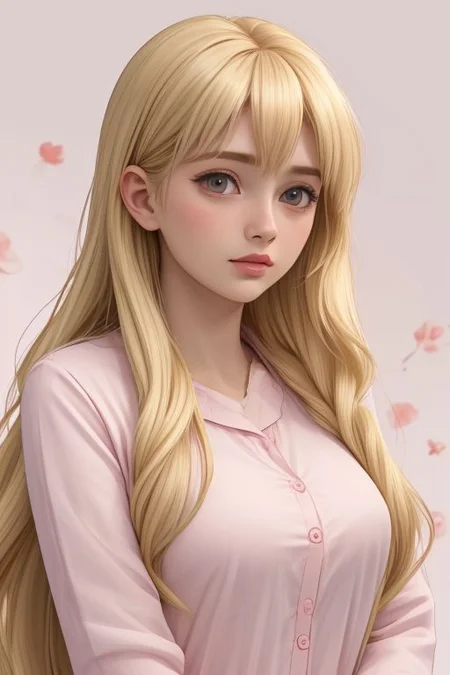 Sweet girl, lush long hair, blonde hair, flowers in her hair, strawberry pajamas, gray big eyes, plump pink lips, open pink delicate pajamas, peach flowers, soft pink background