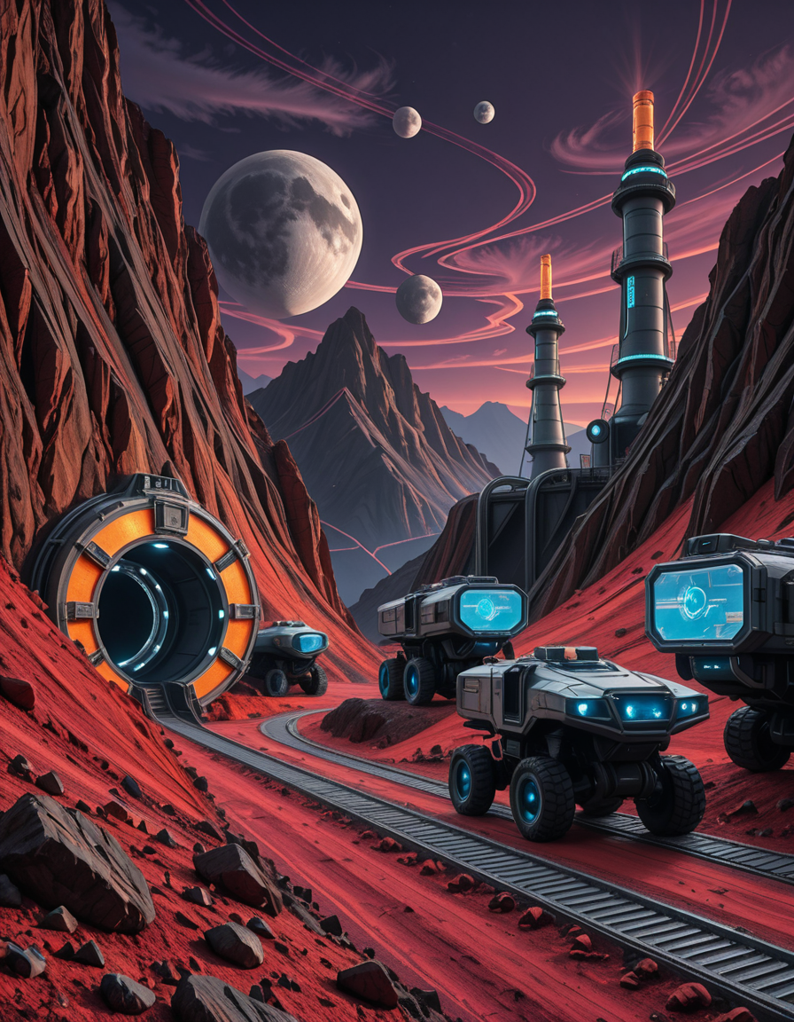 A futuristic mining outpost on a distant, rocky planet with a harsh, alien landscape. The mine entrance is a massive, reinforced metal tunnel carved into the side of a jagged, dark-red mountain. Advanced, glowing blue energy lights line the entrance, illuminating the metallic tracks that lead deep underground. Large, heavily-armored mining vehicles with mechanical arms and drills are stationed nearby, extracting rare minerals from the rock. The ground is covered in fine, reddish dust, kicked up by the movement of autonomous robotic drones that transport ore to a towering industrial refinery in the background. The sky is a deep, dark purple with swirling clouds and two distant moons casting a cold, eerie glow. In the distance, futuristic habitation domes with transparent walls house workers in protective exosuits, their silhouettes visible inside. A neon-lit control tower monitors operations, its holographic screens displaying real-time data. The atmosphere is both desolate and technologically advanced, evoking a sense of exploration and survival on the edge of the galaxy.
<lora:SDXLFaeTastic2400:0.4> <lora:extremely_detailed:0.4> extremely detailed,futuristic mining 0utp0st, <lora:futuristic_mining_0utp0st-i:1>, Masterpiece,best quality,hi res,8k,hi res,8k,award winning,(sharp focus, intricate, highly detailed),