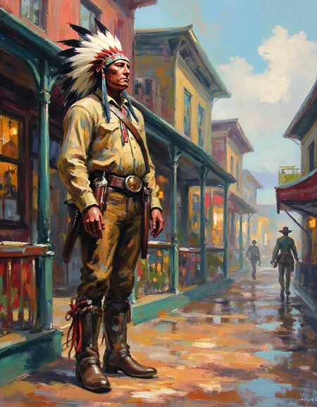 ssf_4bstr4ct painting of a native american standing in front of a saloon