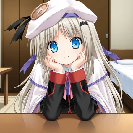 <lora:Noumi_Kudryavka_1_nai-000016:1>,official art,Noumi Kudryavka,bat hair ornament,
white beret,hat ribbon,black ribbon,purple ribbon,
white cape,school uniform,plaid skirt,black jacket,pink bowtie,long sleeves,white shirt,collared shirt,grey skirt,pleated skirt,miniskirt,
BREAK
1girl,solo,front view,looking at viewer,head rest,table,indoors,leaning forward,hands on own face,smile,kneeling,bedroom,arms on table,arm support,