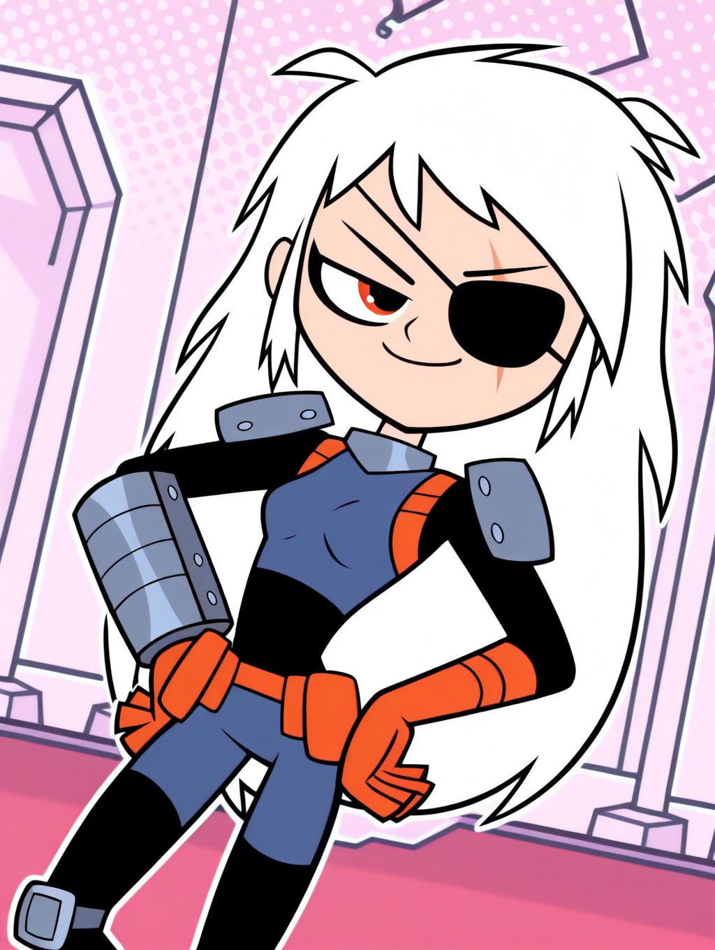 Rose_Wilson, 1girl, solo, orange eye, long hair, white hair, spiky hair, scruffy, messy, bangs, black eye-patch, scar eye, bodysuit, blue armor, metallic knee pads, orange gloves, orange utility belt, metal wrist cuffs,  (smile, dutch angle, Hands on hips,naughty pose, looking at viewer, indoors, elegant room, solo, dynamic pose, upper body, head tilt,),(( dynamic halftone dot background, stylized background, White frame, white outline))