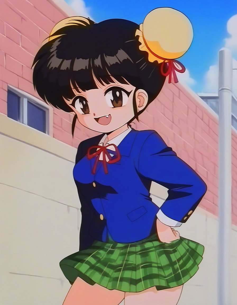 score_9, score_8_up, score_7_up, source_anime, rating_explicit, BREAK  <lora:Byouinji_Yunna_Anime_XL:1> ByouinjiYunna, short hair, bangs, black hair, brown eyes, short stack, solo, small breasts, 
1girl, solo, skirt, double bun, hair bun, fangs,  school uniform, smile, blue long sleeve, Yellow bun cover, green skirt,ãplaid skirt,
standing,
outdoor. day, sky,