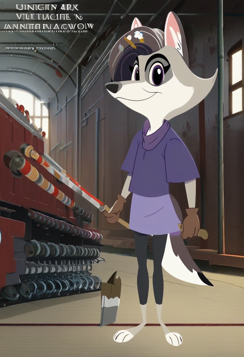 score_9,score_8,score_7,source_furry,
v10l3tw0lf,
furry female, violet_wolf, violet_wolf_great_wolf_lodge, wolf girl, female, 1girl, solo, tail, animal ears, furry, claws, looking at viewer, purple eyes, locomotive cab, locomotive cab background, short sleeves, multicolored hair, body fur, artist name, barefoot, purple shirt, official art, official style,
Stable_Yogis_PDXL_Positives, engineer, engineer hat, hat, holding a shovel, brown gloves, gloves, smile, bandana, bandana on neck, train, locomotive, indoor,