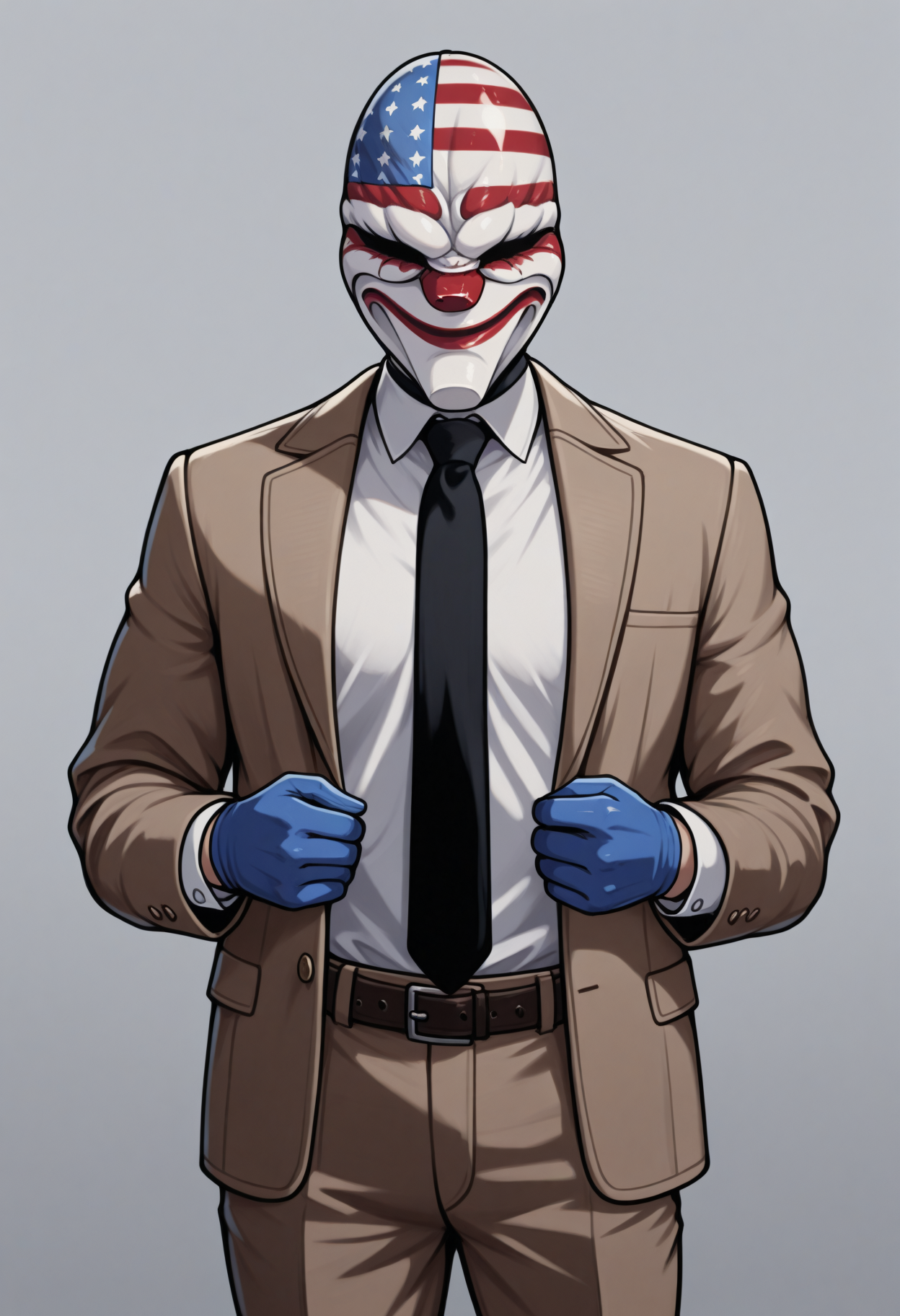 masterpiece, best quality, 1boy, solo, DallasPD, mask, brown jacket, open jacket, black necktie, white shirt, dress shirt, blue gloves, brown pants, <lora:ChamDallasIllustriousXL:1>