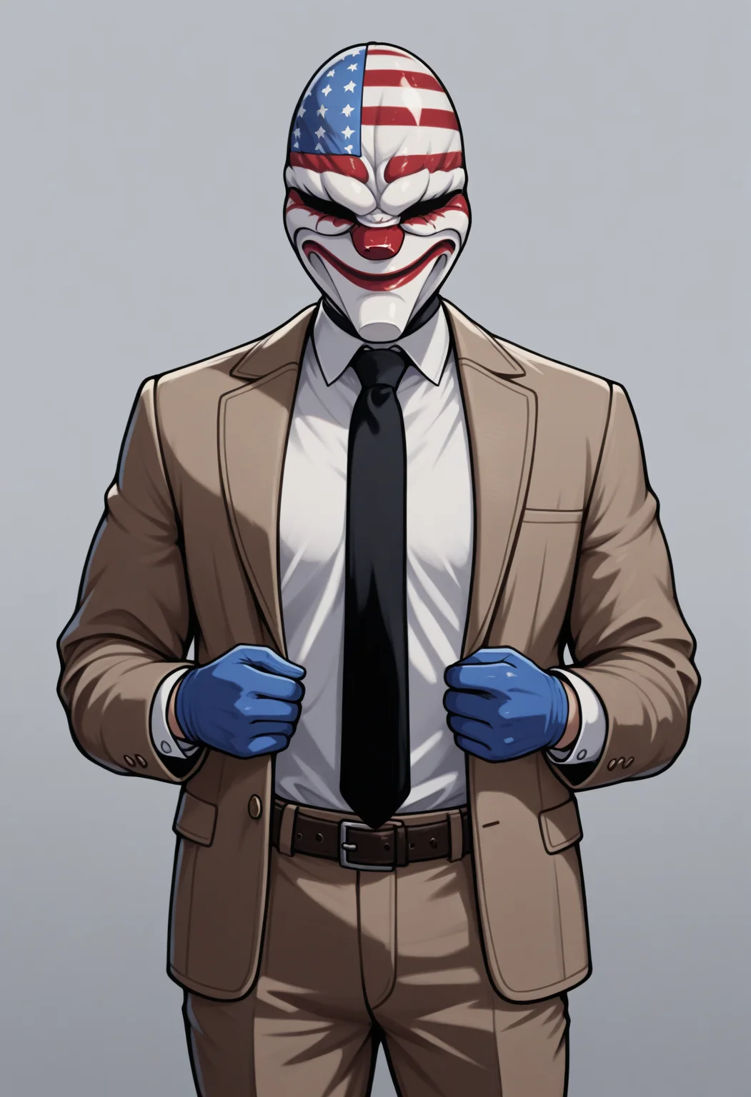 masterpiece, best quality, 1boy, solo, DallasPD, mask, brown jacket, open jacket, black necktie, white shirt, dress shirt, blue gloves, brown pants, <lora:ChamDallasIllustriousXL:1>