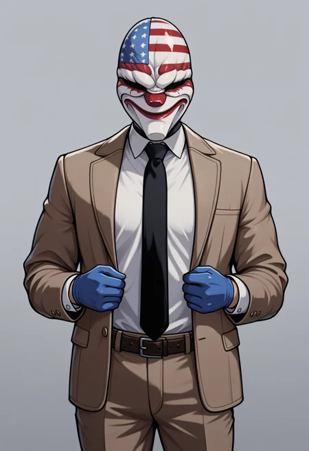 masterpiece, best quality, 1boy, solo, DallasPD, mask, brown jacket, open jacket, black necktie, white shirt, dress shirt, blue gloves, brown pants, <lora:ChamDallasIllustriousXL:1>