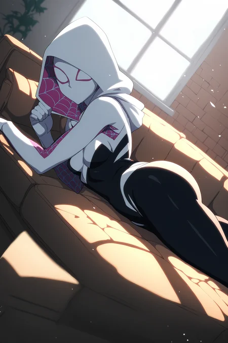 anipai_style, anime screencap, source_anime, anime coloring, score_8_up, score_7_up, score_6_up, score_5_up, score_4_up, (deep skin, skindentation), depth of field, light particles, light dramatic, high quality, (dynamic pose, dynamic angle:1.25), highres, thick thighs, curvy, wide hips, spider-gwen, 1girl, solo, small breasts, hooded bodysuit, heart, couch, lying, window, huge ass, sneakers, spider web print, mask, looking at viewer, on couch, indoors, hood up, head rest, on stomach, sunlight, brick wall <lora:Anipai_style-07:1>