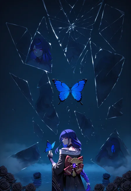masterpiece, best quality, newest, absurdres, highres, <lora:Detailer_NoobAI_Incrs_v1:1.0>, detailed, motiontrail, afterimage, motion trail, motion lines, motion blur, abstract, monochrome, spot color, blue and black theme, dark, sad, parted lips, floating hair, black kimono, bare shoulder, gothic, black rose, thistles and thorns, flora, black and thick liquid, fog, blue butterfly, underlighting, strong visual impact, film lighting, raiden shogun, butterfly on hand, multiple views, different reflection,(glass, breaking, shatter:1.2), reflection,