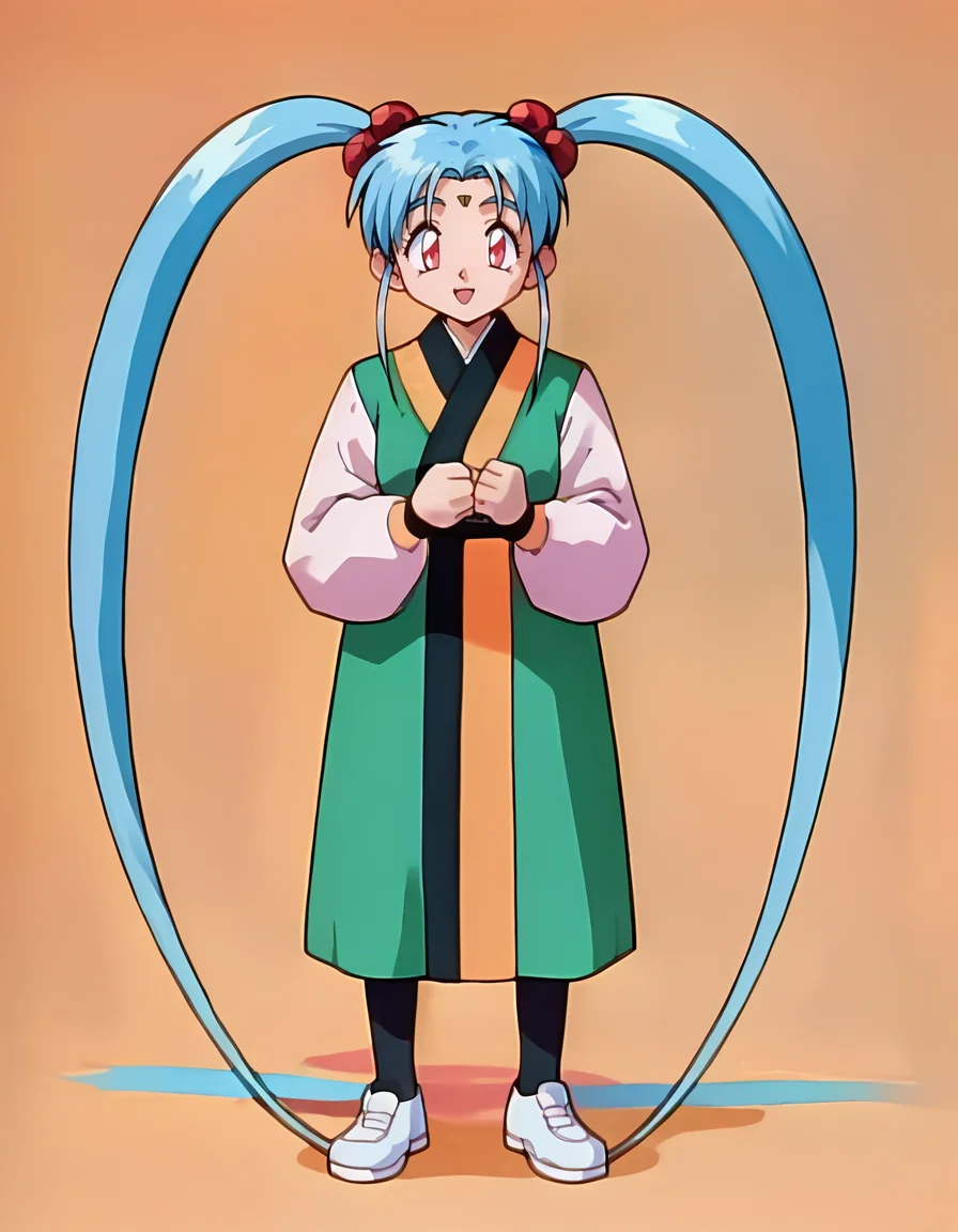 score_9, score_8_up, score_7_up, score_6_up, (source_anime:1.4), BREAK, colorful, <lora:Sasami__Tenchi_Muyo_v2:1>, sasami, blue hair, long pigtails, full body, standing,
