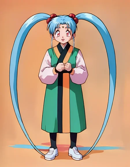 score_9, score_8_up, score_7_up, score_6_up, (source_anime:1.4), BREAK, colorful, <lora:Sasami__Tenchi_Muyo_v2:1>, sasami, blue hair, long pigtails, full body, standing,