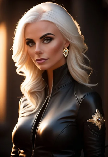 Samantha Ra Torval a woman in a leather jacket and latex gloves, Stunning full-body fashion portrait of a 28-year-old woman, radiating beauty with her flawless white hair and a confident, graceful stance. She's wearing alluring black satin nightwear that subtly accentuates her figure, with a deep neckline revealing her collarbone and cleavage. Her large breasts and bare shoulders are softly highlighted by warm backlighting, while a black choker enhances the elegance of her neck. The glossy sheen of her lips and delicate blush on her cheeks complement her pointy nose and freckles, giving her face a natural allure. Her thick, long hair cascades over her shoulder, partially framing her face as she looks down thoughtfully. Her eyebrows are bold, her eyelashes thick, and she wears understated jewelry, including earrings that sparkle in the subtle light. The background is softly blurred, drawing focus to her striking silhouette, creating an artistic masterpiece of shadow and light that evokes both mystery and sensuality.