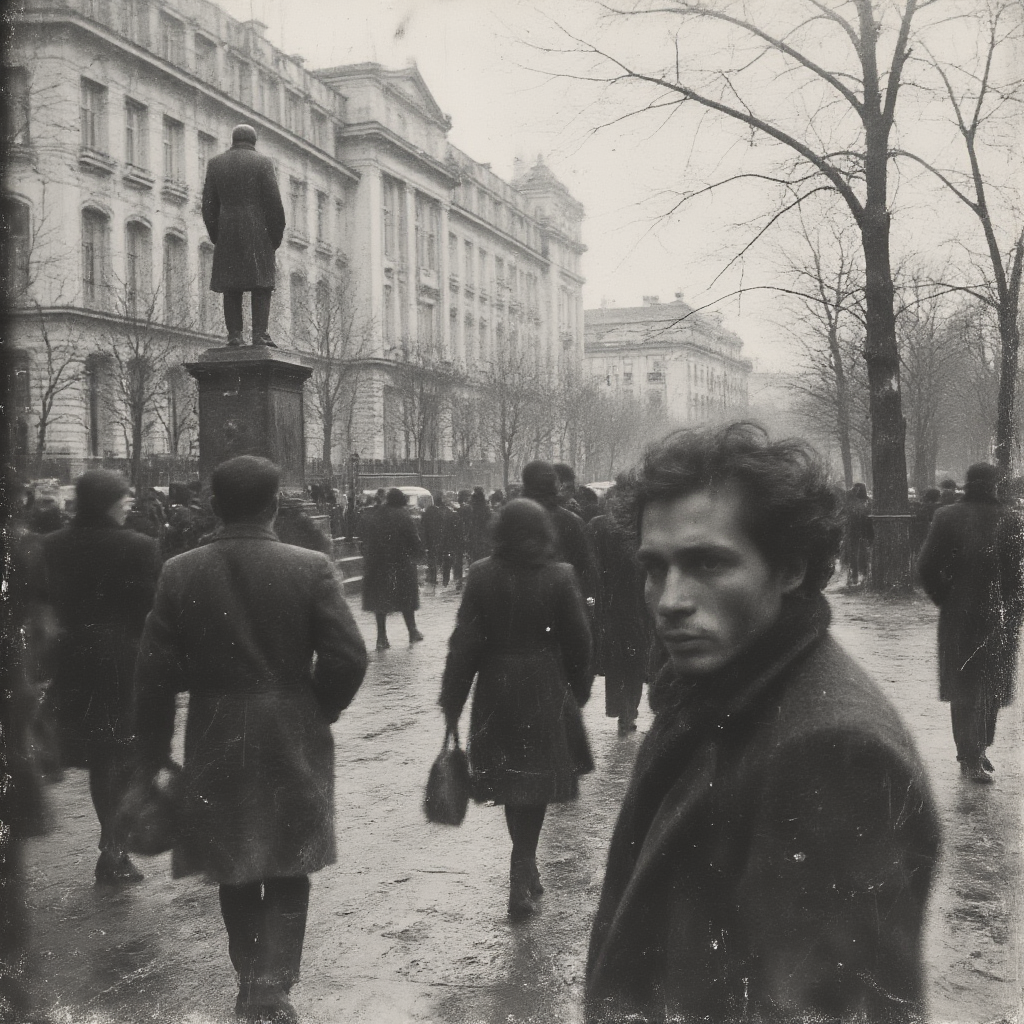 <lora:Vintage_Photo_Flux:1> 35mm B&W vintage street photo of 90s Russia, government building a statue of Lenin in front, a men in a grey suit standing and waiting, cloudy, fall season,