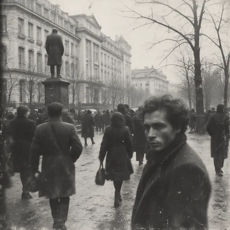 <lora:Vintage_Photo_Flux:1> 35mm B&W vintage street photo of 90s Russia, government building a statue of Lenin in front, a men in a grey suit standing and waiting, cloudy, fall season,