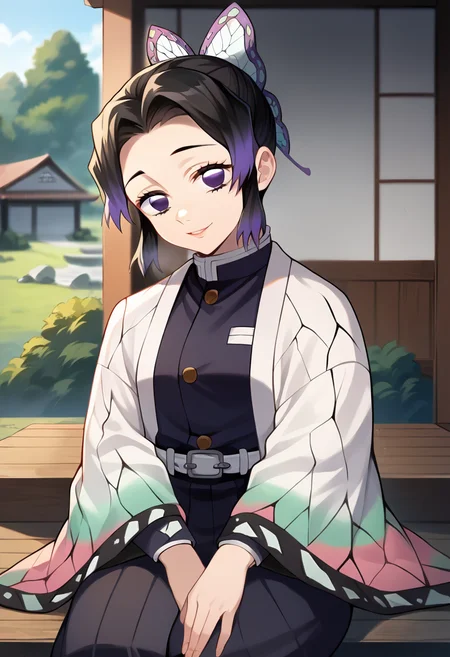 score_9, score_8_up, score_7_up, source_anime, masterpiece, 1girl, ct_sh1n0bu, haori, white belt, black uniform, black pants, wide sleeves, head tilt, sitting, smile, looking at viewer, outdoors, japanese house, zdepth of field, facing viewer, shiny skin,<lora:Shinobu_Kochou_p_ct_ver2:1>
