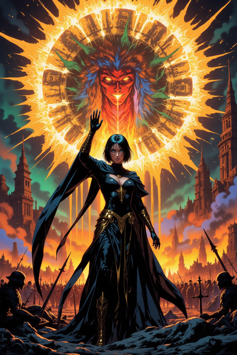 Hyper-detailed digital illustration, in HD, 8K, and masterpiece quality, featuring a woman named Aman0ayam1, cloaked in an avant-garde, asymmetrical dress of shimmering dark fabric with sharp golden edges and flowing scarves trailing behind her. Her short, jet-black hair is styled into sleek, geometric layers, and she performs the "Vice Lords hand sign" with one glowing hand raised high and the other extended downward. A massive multiverse portal blooms behind her, resembling a cosmic sunflower of glowing amber, emerald, ruby, and onyx hues, consuming a celestial battlefield of broken swords and crumbling fortresses. The wide-angle shot captures her full-body stance, evoking a mood of mystical power and commanding presence, with soft rim lighting accentuating her elegant silhouette.,drkfnts style,ne0nfant4sy,mythp0rt