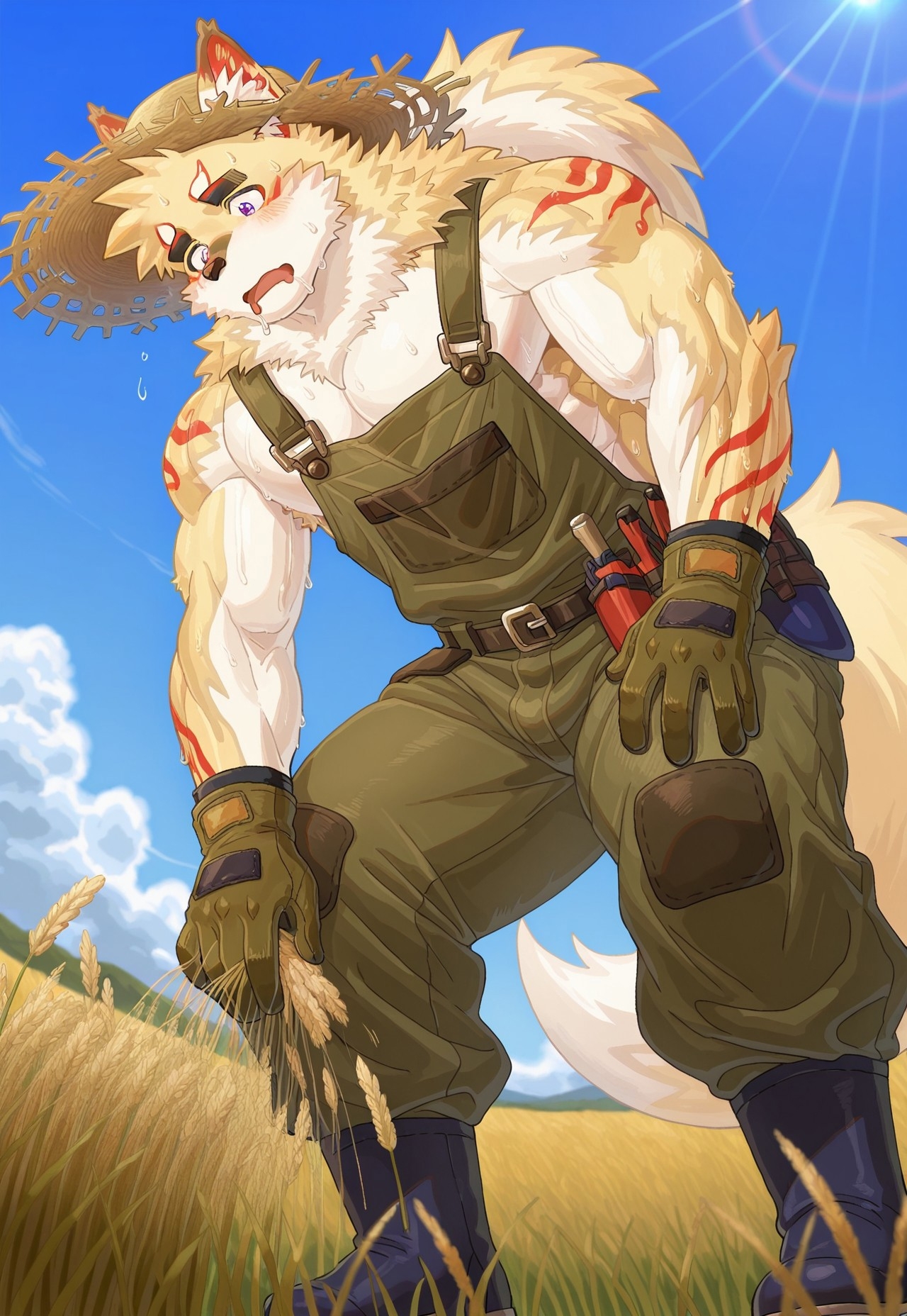 masterpiece, best quality, amazing quality, 1boy, solo, male focus, muscular male, furry male, bara, fox boy, inari_tas, purple eyes, overalls, boots, gloves, straw hat, sweat, paddy field, boots, picking wheat, bent down, hot sun,  drooling, blue sky, from below