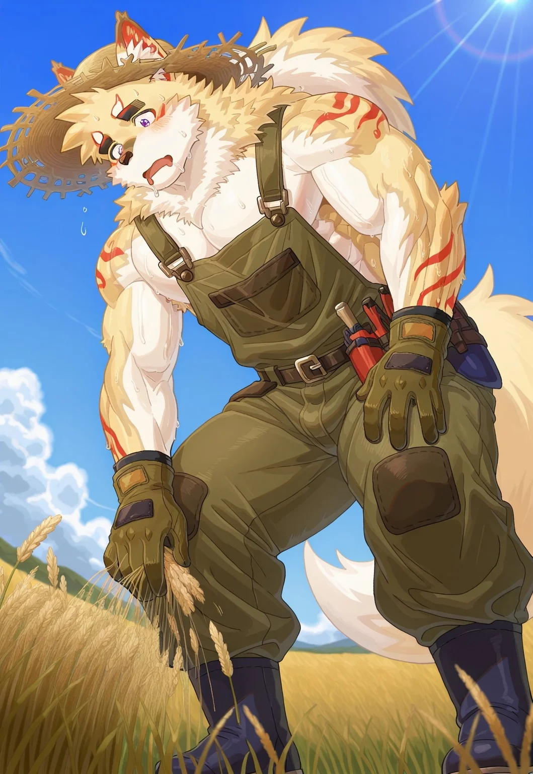 masterpiece, best quality, amazing quality, 1boy, solo, male focus, muscular male, furry male, bara, fox boy, inari_tas, purple eyes, overalls, boots, gloves, straw hat, sweat, paddy field, boots, picking wheat, bent down, hot sun, drooling, blue sky, from below