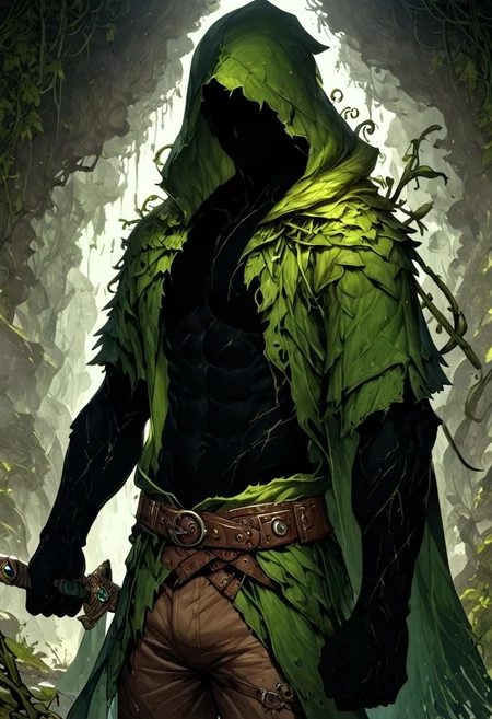 score_9, score_8_up, score_7_up, score_6_up, fl4ttr1p, depth of field, detailed background, in the jungle, dark lighting, dark, foggy, 1man, solo, tall, muscular, toned, ShadowPerson, colored skin, black skin, black hair, faceless, silhouette, clothed, dark green hooded cloak, hood on head, green scarf, rugged cloak, patches, fur lining, fur-trimmed hoodie, white fur, brown tunic, brown leather belt, dark brown pants, brown boots, holding dagger, blood stains, clenched hand, assassin, scars, open shirt, abs, open clothings, sword behind back, emerald sword, vines on sword, detailed clothings