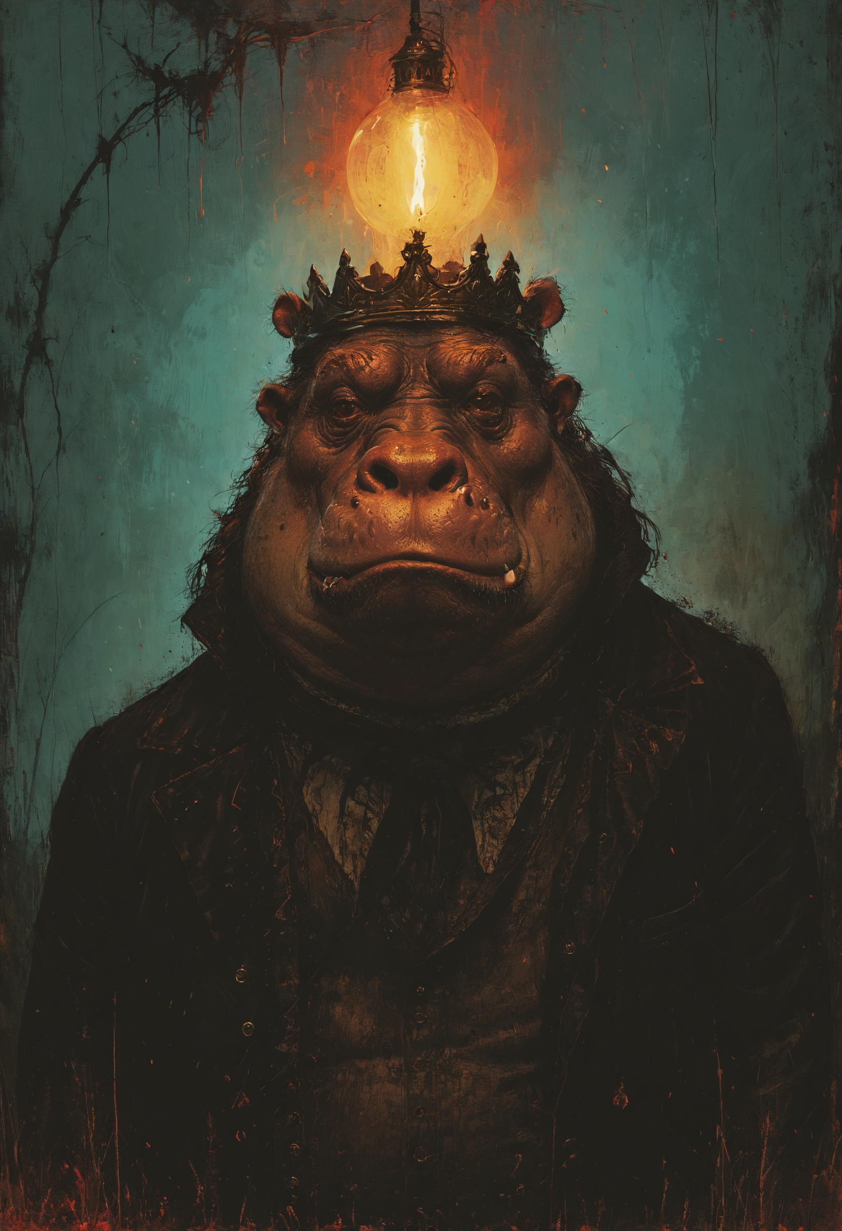 The belly is King Hippo, the MO is Van Helsing, The hello is from a portrait of abhorrent man melting, <lora:great_lighting:0.4> great lighting, ambient lighting, <lora:Misty_Vintage:0.8>, <lora:saturated_colors:0.8> saturated colors