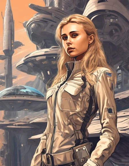 An imaginative illustration by Jean-Claude Mézière; showing (Mikaxl6), in a spaceport amidst a backdrop of surreal, organic architecture, featuring a determined look with wavy hair cascading over her shoulders, and a fitting space agent uniform with utility belt and gadgets..