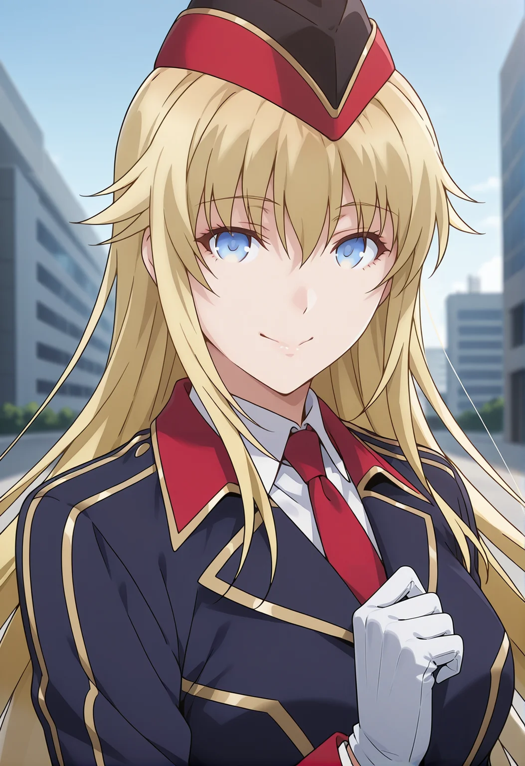 <lora:Utara Canaria_illustrious-000046:1>,
Utara Canaria,solo,blue eyes,red necktie,necktie,hat,smile,gloves,shirt,looking at viewer,white shirt,white gloves,upper body,very long hair,black headwear,jacket,collared shirt,hair between eyes,wing collar,outdoors,closed mouth,black jacket,blue jacket