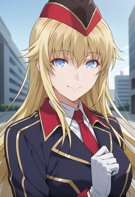 <lora:Utara Canaria_illustrious-000046:1>,
Utara Canaria,solo,blue eyes,red necktie,necktie,hat,smile,gloves,shirt,looking at viewer,white shirt,white gloves,upper body,very long hair,black headwear,jacket,collared shirt,hair between eyes,wing collar,outdoors,closed mouth,black jacket,blue jacket