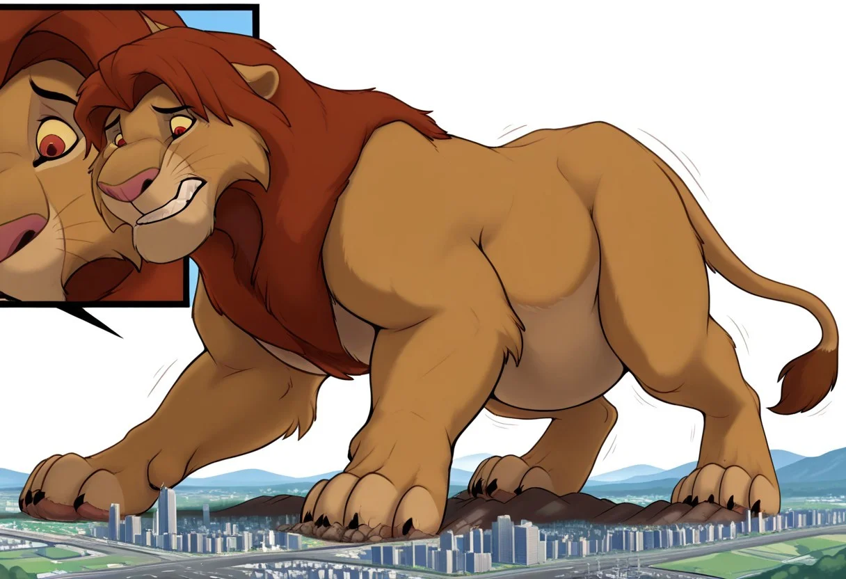 masterpiece,best quality,amazing quality, 1boy, solo,32k, no humans,
s1mb4, lion,quadruped, colored sclera, brown fur, red eyes, red mane, lion tail, full body,body fur, full body view,(((feral))), body fur, paws, feet fetish, paw focus, close up, paws,impact,outdoors, detailed cityscape, taking up the whole screen, newest, highres, masterpiece, extreme detail, giantess, male, landscape dwarfing,swelling body,gigantic body,impact, growth lines,close-up, giga giantess, footpaw focus, ((full body view, impact,))looking down at viewer,micro landscape 1.3, micro cityscape 1.4, view from below,((bodysizegrowth,giant,tall,giantess,growth, worried,full body view, face focus)), crushing buildings,micro buildings,(((full body view,quadruped, on all fours)))