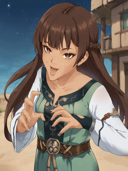 score_9, score_8_up, score_7_up, source_anime, BREAK
<lora:age_slider_v4:0>, (detailed eyes, detailed face, beautiful eyes, long eyelashes, thick eyelashes:1.5), (desert town, night time, beautiful night sky:1.5), (upper body, closeup:1.5), BREAK
<lora:Genshin_NPC_NerminRaef_Pony_v1:0.8>, gnermin, brown hair, brown eyes, bangs, (very long hair:1.5), (windy, floating hair:1.5), (dark skin, very dark skin:1.5), (green dress, long dress:1.3), long sleeves, (sleeves past wrists:1.5), wide sleeves, white sleeves, sandals, black footwear, black bridal gauntlets, braid, collarbone, (tight belt, thin waist:1.5), BREAK
<lora:Concept_Meme_Joey_Wheelers_Creepy_Chin_B:1>, Joey_Chin_B, open mouth, HANDS UP, OPEN HAND, solo,
