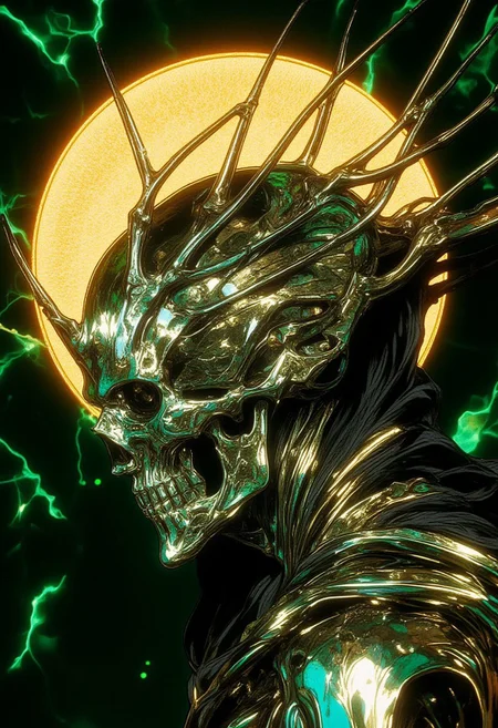 A digital artwork featuring a hyper-stylized depiction of Jesus Chrust in side profile, viewed from the left, with a thorny crown on his head, gleaming with a mirror-like sheen that reflects light in dazzling highlights. Intricate line work and meticulous shading create a highly detailed, textured three-dimensional appearance, blending anatomical precision with artistic abstraction. Positioned along the left vertical third of the composition, Jesus adheres to the rule of thirds, achieving a harmonious and dynamic balance. Above its head, a radiant, glowing golden halo casts a celestial light, contrasting brilliantly with the sleek chrome finish. The background is a glowing emerald green, pulsating softly, creating a luminous backdrop that accentuates the figure’s reflective form. The interplay of glossy silvers and the glowing green environment amplifies the composition's futuristic and divine quality. The clean, sharp edges and stylized rendering bring a modern, high-impact aesthetic, while the minimalist design focuses the viewer’s attention on the skeleton and its ethereal halo. HD, 8K quality, ultra-detailed, masterpiece artwork.
