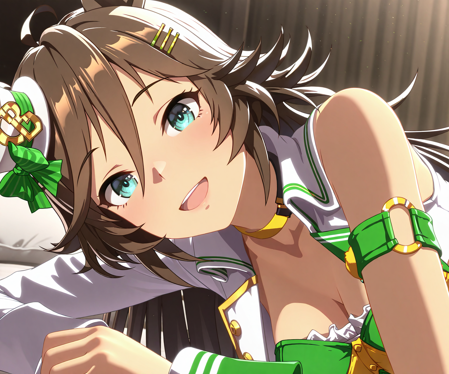 masterpiece, best quality, amazing quality, , 1girl, solo, looking at viewer,  <lora:Mr. C.B. in game style 3D ILL-v2:1> ummsmingame, 3d, mr. c.b. \(umamusume\), smile, open mouth,