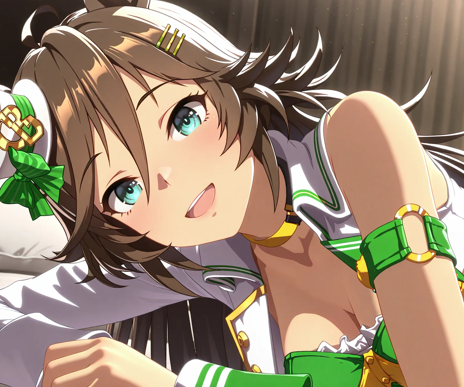 masterpiece, best quality, amazing quality, , 1girl, solo, looking at viewer, <lora:Mr. C.B. in game style 3D ILL-v2:1> ummsmingame, 3d, mr. c.b. \(umamusume\), smile, open mouth,