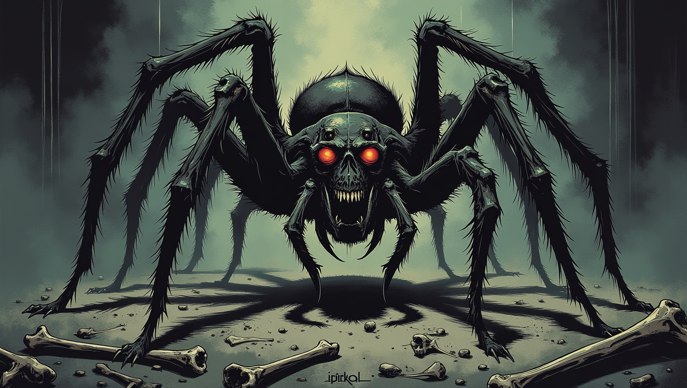 d4rkc0mic .  A massive, grotesque spider with hairy legs and multiple red eyes lurks in the shadows of an abandoned mansion. Its web, thick and sticky, fills the corners of the room, trapping the bones of its previous victims. The spiderâs fangs drip with venom as it watches a new intruder with predatory intent.
  <lora:dark-comic:0.8>
