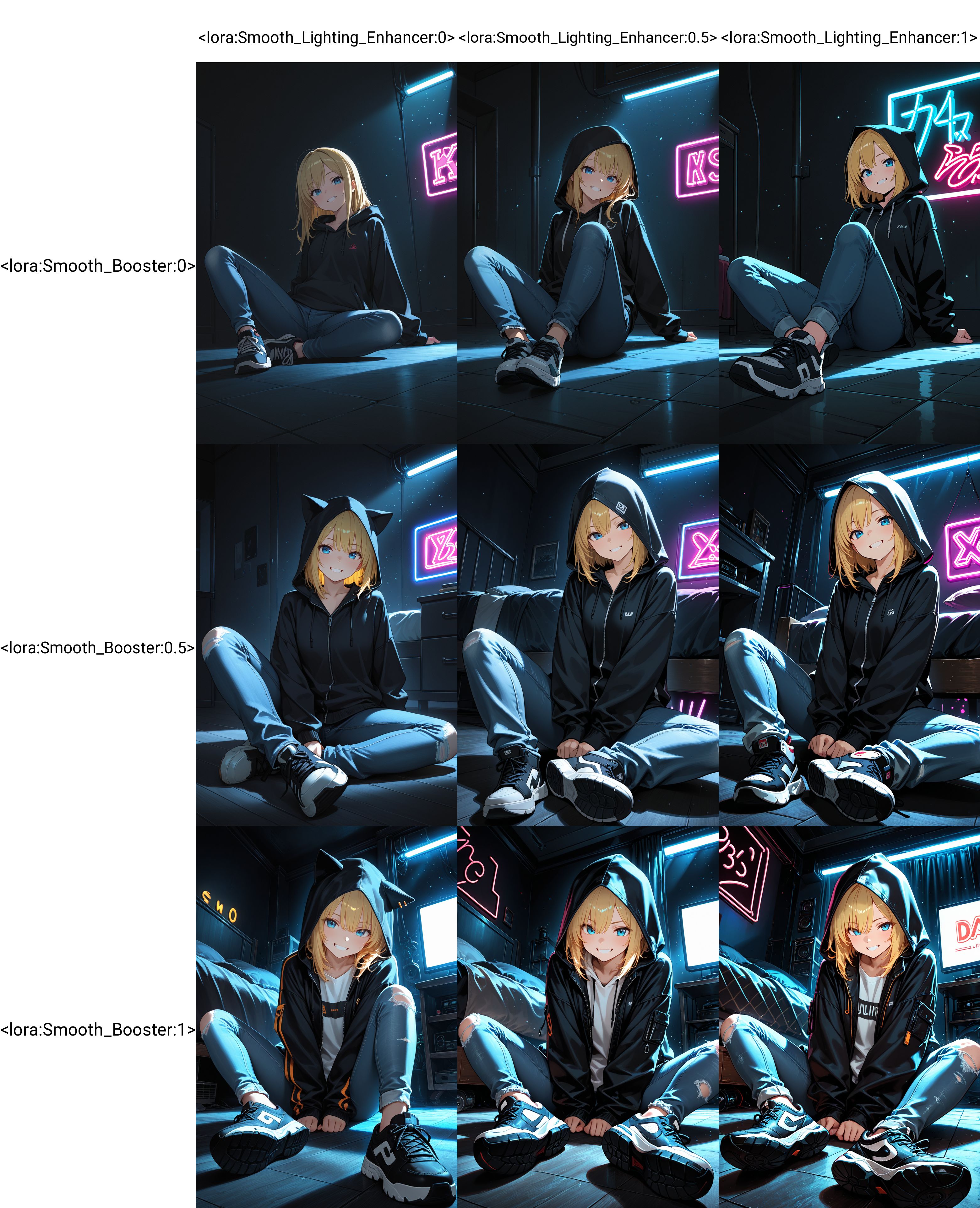 Smooth Quality, 1girl, blonde hair, blue eyes, blue jeans, black hooded jacket, sneakers, bedroom, on floor, neon lights, grin, (dark background:1.1) <lora:Smooth_Booster:0>​​​ <lora:Smooth_Lighting_Enhancer:0>