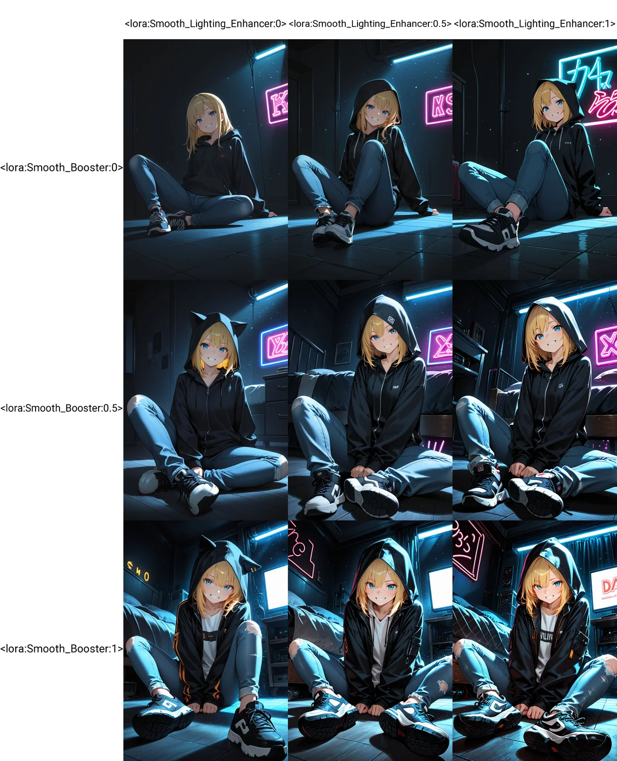Smooth Quality, 1girl, blonde hair, blue eyes, blue jeans, black hooded jacket, sneakers, bedroom, on floor, neon lights, grin, (dark background:1.1) <lora:Smooth_Booster:0>​​​ <lora:Smooth_Lighting_Enhancer:0>