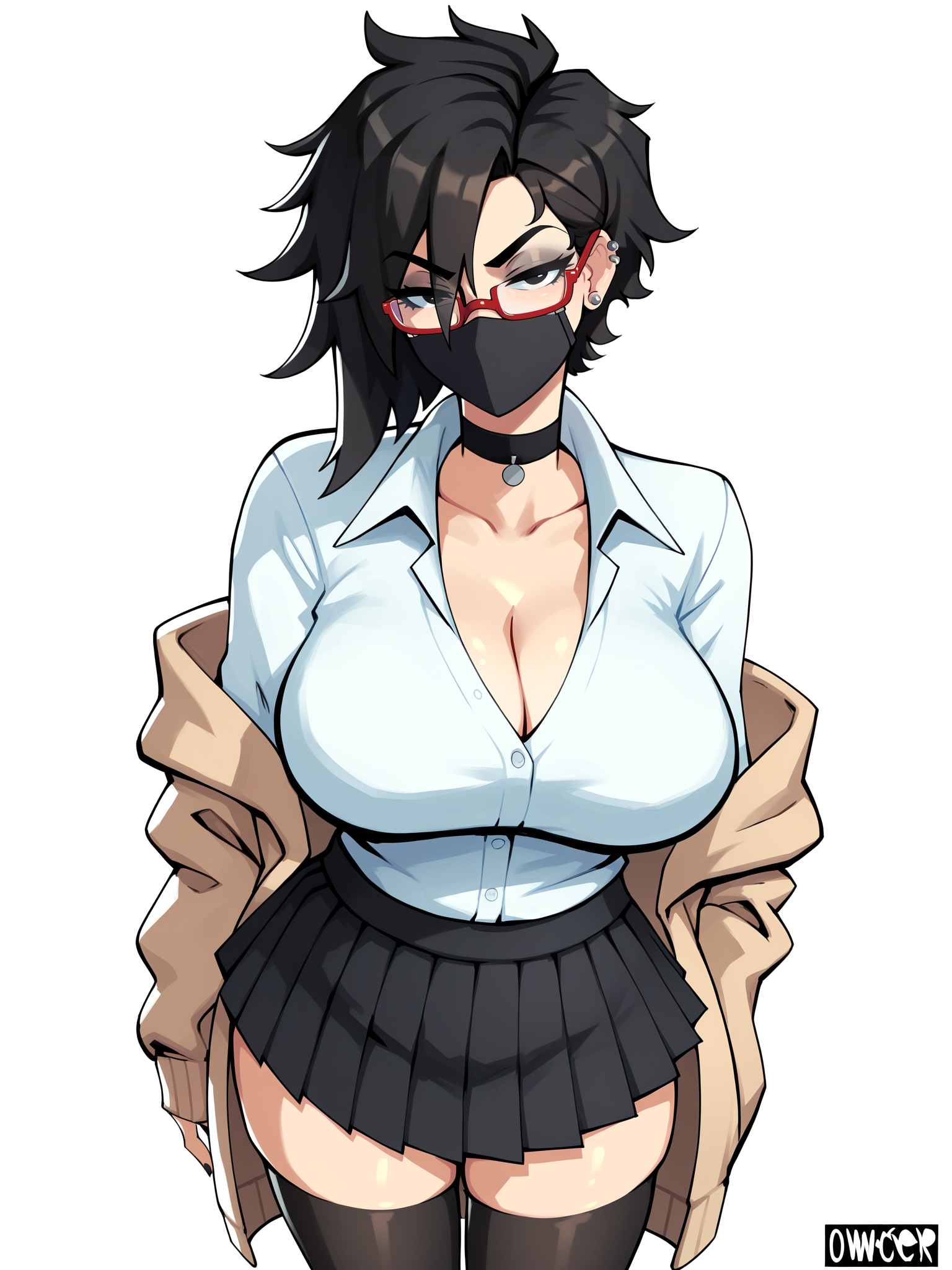 score_9, score_8_up, score_7_up, score_6_up, score_5_up, score_4_up,
BREAK
1girl, (black hair:1.2), bob cut, short hair, tomboy, black eyes, black mouth mask, long eyelashes, half-closed eyes, red-framed eyewear, black choker, messy hair, asymmetrical hair, adult, mature, black eyeliner, ear piercing,
BREAK
solo, standing, huge breasts, adult, broad shoulders, tall, white collared shirt, long sleeves, light brown cardigan, open cardigan, black pleated skirt, black microskirt, black miniskirt, black thighhighs, shirt tucked in, black nails, skinny,
BREAK
(white background:1.2), simple background, <lora:Lunas-Owler-SDXL-A1:1>