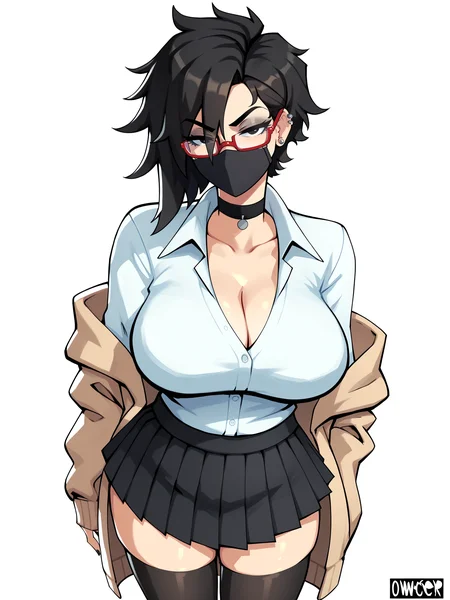 score_9, score_8_up, score_7_up, score_6_up, score_5_up, score_4_up,
BREAK
1girl, (black hair:1.2), bob cut, short hair, tomboy, black eyes, black mouth mask, long eyelashes, half-closed eyes, red-framed eyewear, black choker, messy hair, asymmetrical hair, adult, mature, black eyeliner, ear piercing,
BREAK
solo, standing, huge breasts, adult, broad shoulders, tall, white collared shirt, long sleeves, light brown cardigan, open cardigan, black pleated skirt, black microskirt, black miniskirt, black thighhighs, shirt tucked in, black nails, skinny,
BREAK
(white background:1.2), simple background, <lora:Lunas-Owler-SDXL-A1:1>