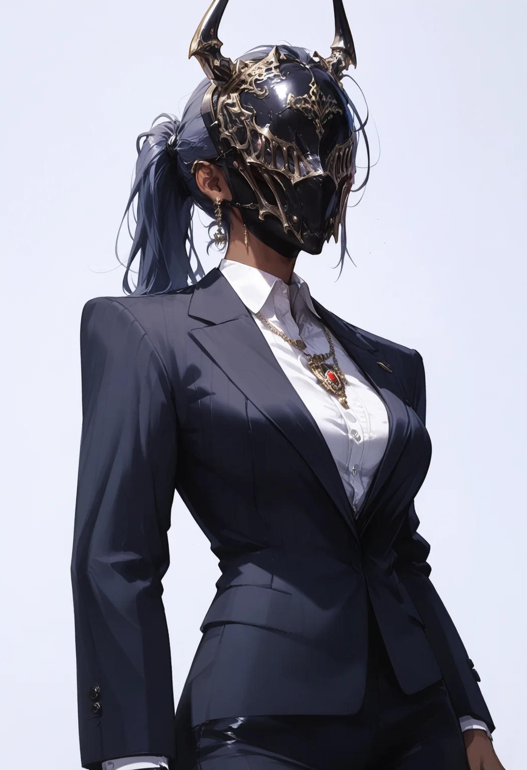 score_9, score_8_up, score_7_up score_9, score_8_up, score_7_up, score_6_up, score_5_up, score_4_up,
<lora:SinisterMasksV3:0.9>, (m4sk, mask, covered eyes), fake horns,
1girl, solo, ponytail, simple background, dark skin, necklace, dark-skinned female, suit