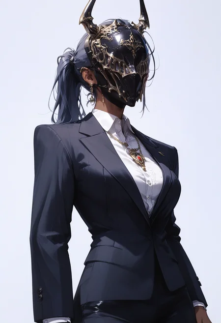 score_9, score_8_up, score_7_up score_9, score_8_up, score_7_up, score_6_up, score_5_up, score_4_up,
<lora:SinisterMasksV3:0.9>, (m4sk, mask, covered eyes), fake horns,
1girl, solo, ponytail, simple background, dark skin, necklace, dark-skinned female, suit