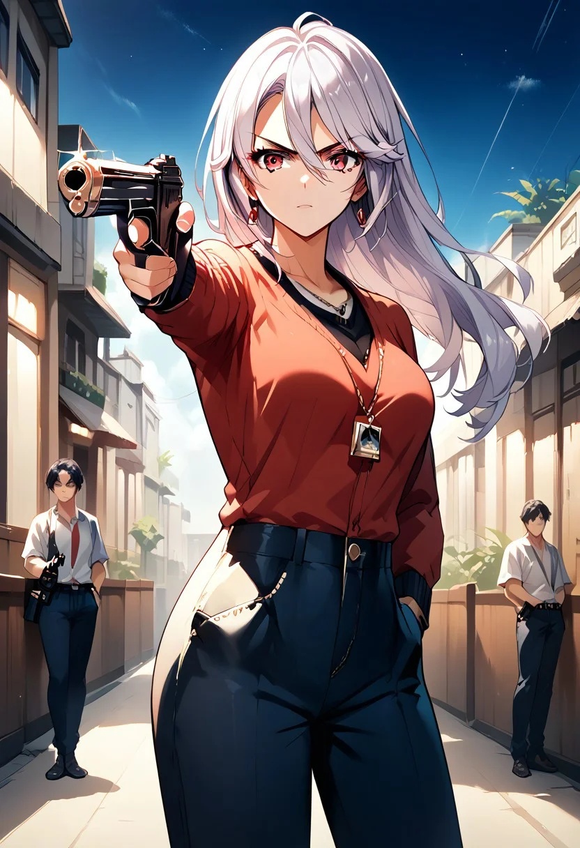 score_9, score_8_up, score_7_up, source_anime, 1girl, TURKISH KILLER POSE, LOOKING AT GUN, HOLDING HANDGUN, HAND IN POCKET, NAGISA WATASE
