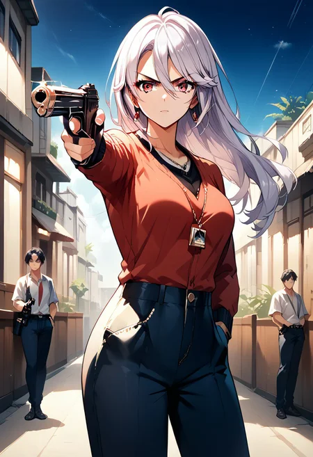 score_9, score_8_up, score_7_up, source_anime, 1girl, TURKISH KILLER POSE, LOOKING AT GUN, HOLDING HANDGUN, HAND IN POCKET, NAGISA WATASE