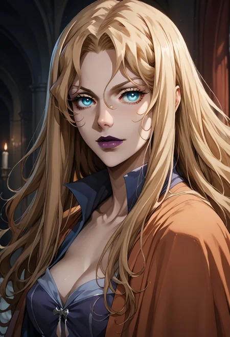 source_anime, ((score_9)),score_8_up,score_7_up,score_6_up,score_5_up,score_4_up,<lora:Castlevania_Style_Pony-v1:0.7>, Castlevania_Style, Castlevania Style, 1woman, brita_(darker_than_black), long_hair, blonde_hair, blue eyes, purple_lips, vampire,