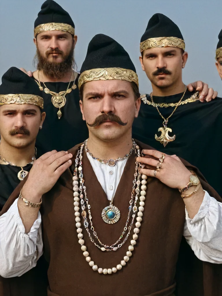 phrygian cap, 1girl, brown hair, hat, jewelry, multiple boys, necklace, facial hair, beard, 6+boys, realistic, mustache, masterpiece photography,8k <lora:dacii:1>