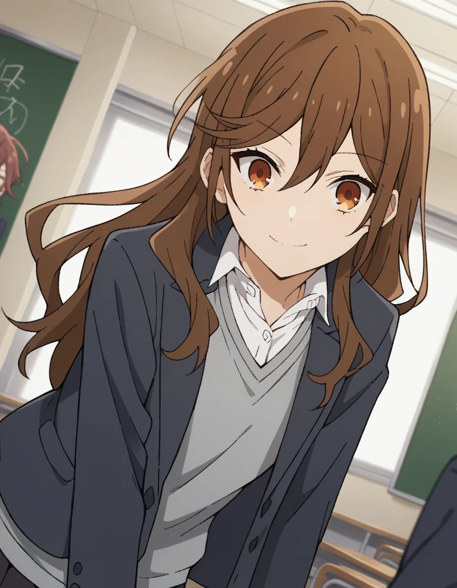 score_9, score_8_up, score_7_up, source_anime,
kyoukohori, <lora:kyouko-hori-s2-ponyxl-lora-nochekaiser:1>,
kyouko hori, long hair, bangs, brown hair, hair between eyes, brown eyes,
shirt, school uniform, jacket, collared shirt, blazer, sweater, grey sweater, white shirt, black blazer, skirt, black skirt,
indoors, classroom, smile, bent over,
cowboy shot, looking at viewer, solo, dutch angle,