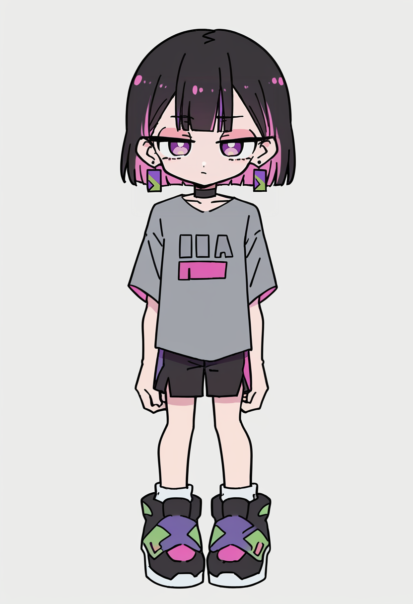 masterpiece, best quality, uncensored, source_anime BREAK score_9, score_8_up, score_7_up, score_6_up, score_5_up, score_4_up, 1girl, solo, nirachan, multicolored hair, short hair, colored inner hair, black hair, pink hair, purple eyes, earrings, jewelry, choker, Expressiveh, chibi, grey shirt, black footwear, short sleeves, sneakers, shoes, black shorts <lora:Expressive_H:0.6> <lora:add-detail-xl:0.5> <lora:ZutomayoStudyMe:0.8> <lora:rabbit_hole:1>
