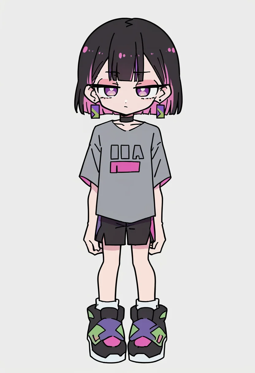 masterpiece, best quality, uncensored, source_anime BREAK score_9, score_8_up, score_7_up, score_6_up, score_5_up, score_4_up, 1girl, solo, nirachan, multicolored hair, short hair, colored inner hair, black hair, pink hair, purple eyes, earrings, jewelry, choker, Expressiveh, chibi, grey shirt, black footwear, short sleeves, sneakers, shoes, black shorts <lora:Expressive_H:0.6> <lora:add-detail-xl:0.5> <lora:ZutomayoStudyMe:0.8> <lora:rabbit_hole:1>