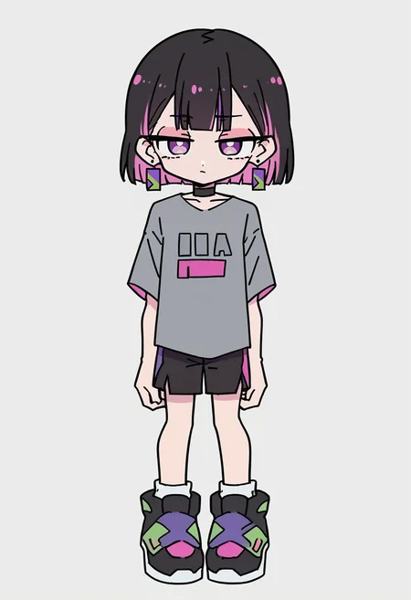 masterpiece, best quality, uncensored, source_anime BREAK score_9, score_8_up, score_7_up, score_6_up, score_5_up, score_4_up, 1girl, solo, nirachan, multicolored hair, short hair, colored inner hair, black hair, pink hair, purple eyes, earrings, jewelry, choker, Expressiveh, chibi, grey shirt, black footwear, short sleeves, sneakers, shoes, black shorts <lora:Expressive_H:0.6> <lora:add-detail-xl:0.5> <lora:ZutomayoStudyMe:0.8> <lora:rabbit_hole:1>