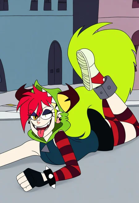 demencia, red hair, green ponytail, striped thighhighs, single striped sock, anklet, green monster hood, yellow eyes, sharp teeth, dark blue hoodie, single striped sleeve, red sneaker, blue sneaker, black skirt, smile, eyeshadow, spiked bracelet, zipper pull tab, torn pantyhose, glove, tongue out, Pov-giantess (macrogts:1.1) (laying on a city (prone) at sunset:1.1), the buildings underneath her body are crushed,